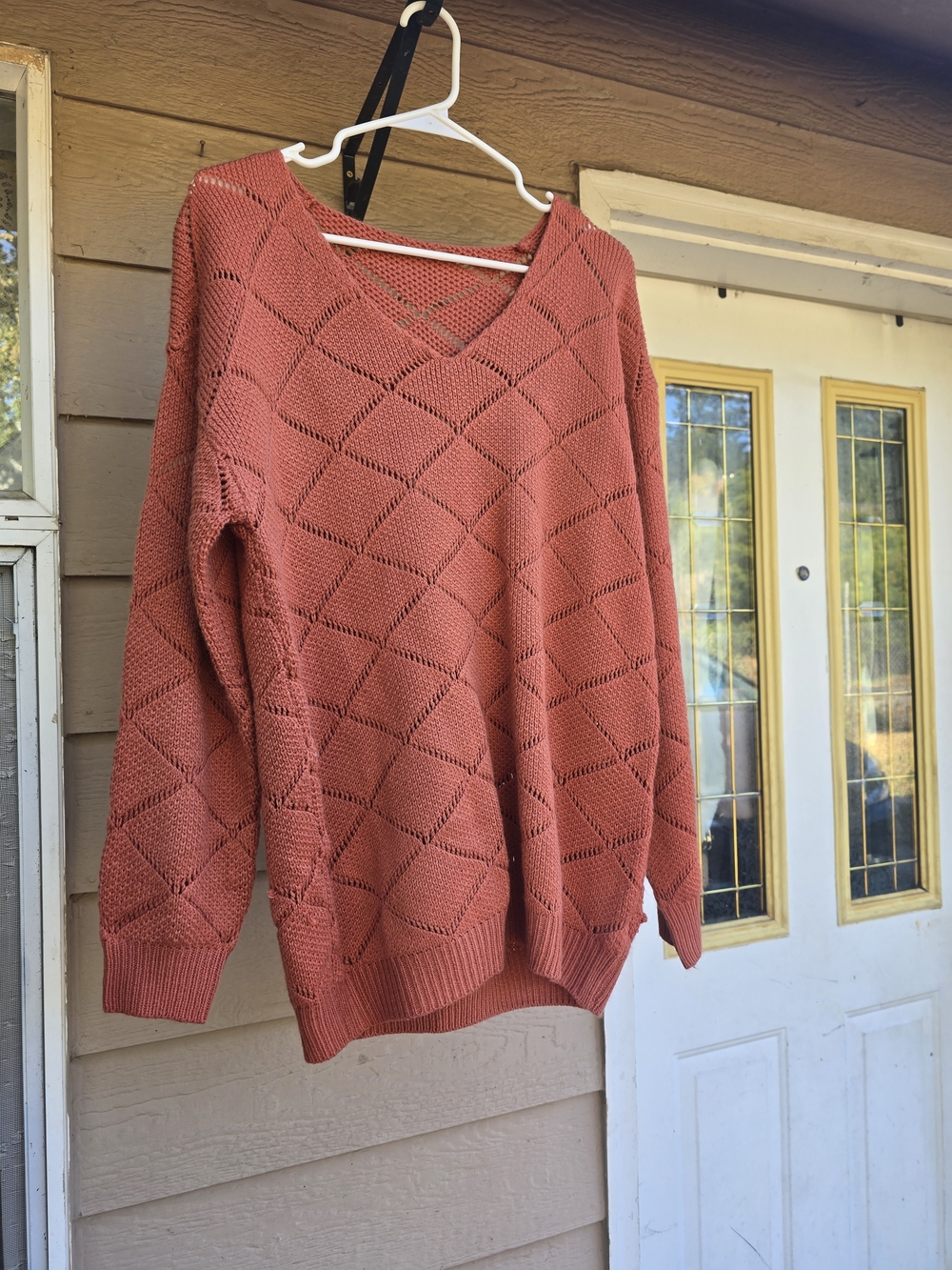 Women's Open-Knit V-Neck Sweater - Burnt Orange - XL